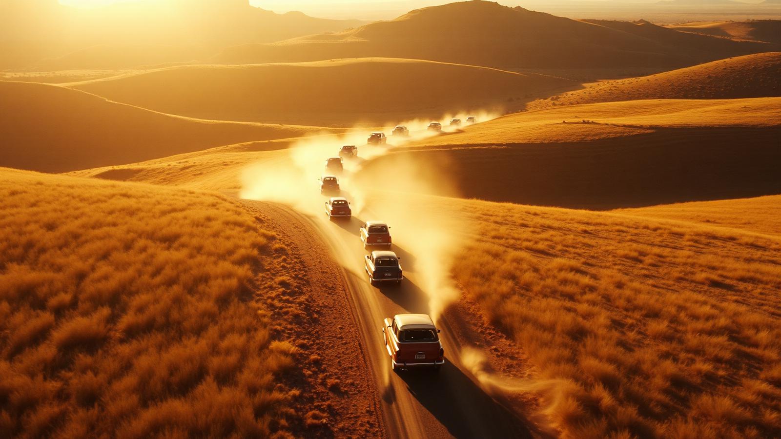 Aerial view of classic cars driving through golden Australian countryside