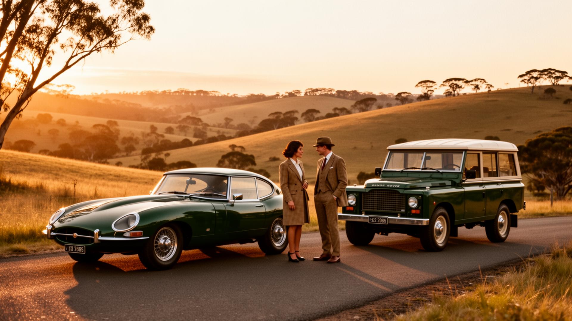 Classic Jaguar E-Type and Range Rover Classic on an Australian country road at golden hour with stylishly dressed participants